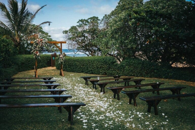 Wedding ceremony set up outdoors in a tropical setting wedding event