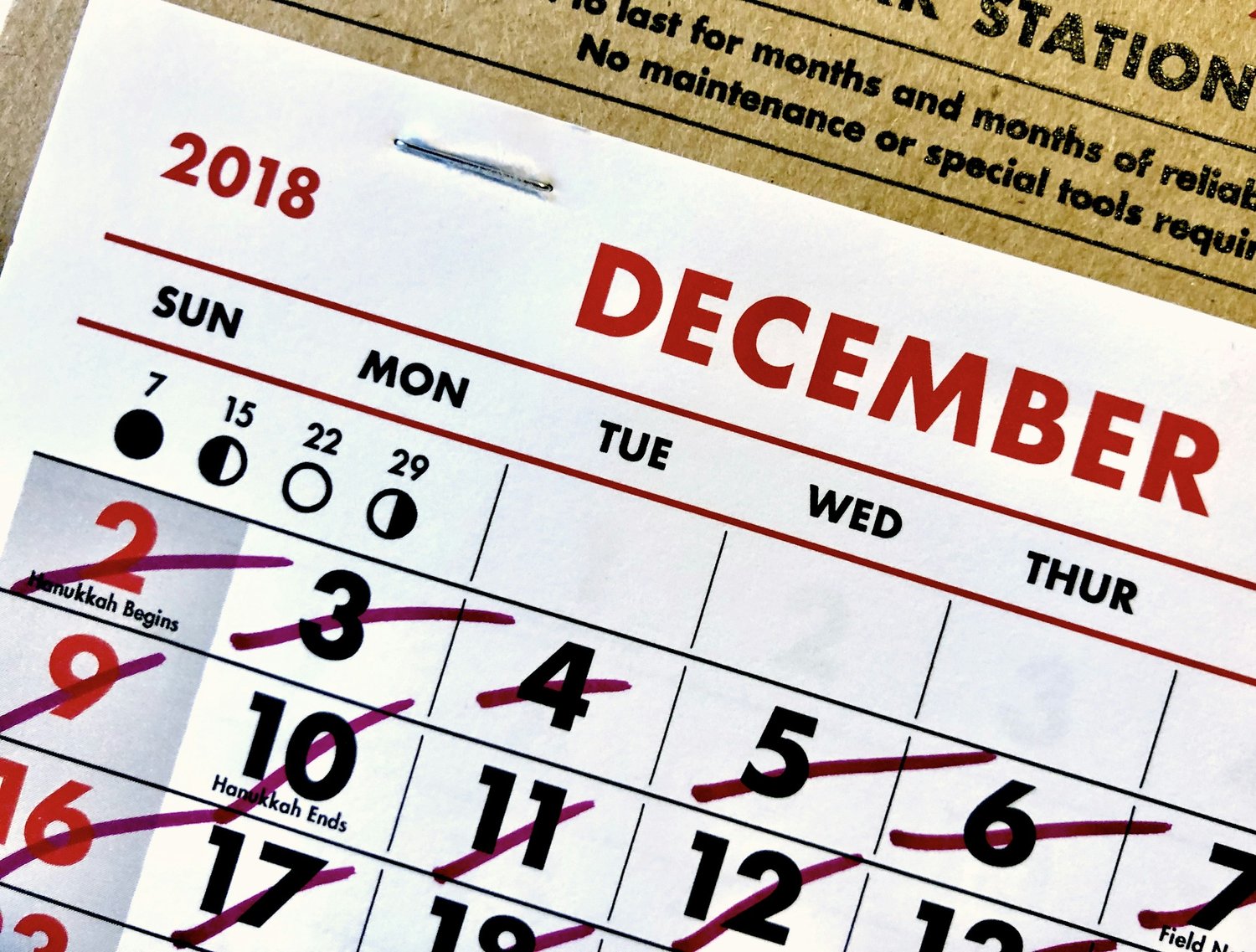 upper left portion of a calendar