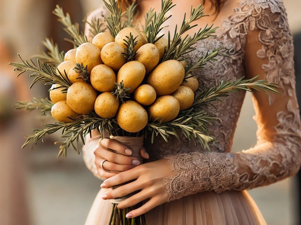 Bridesmaid holding an edible bouquet of potatoes and herbs