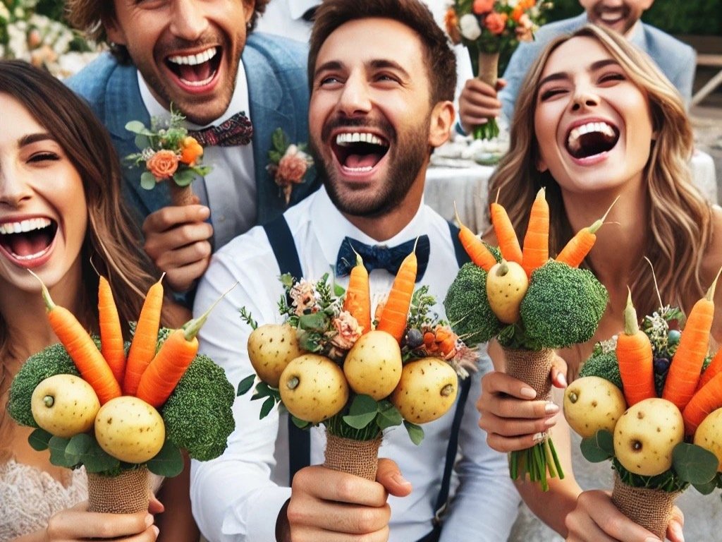 Wedding Party holding edible bouquets of vegetables and herbs